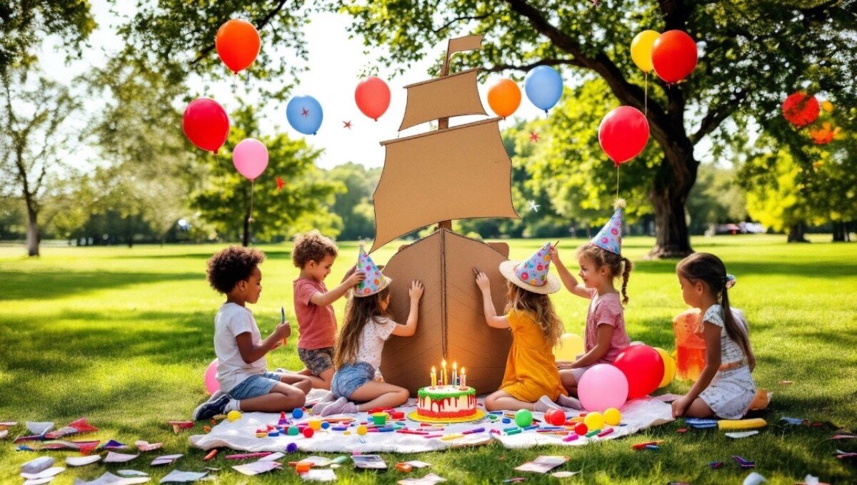 Un groupe d'enfants heureux joue avec un grand bateau en carton dans un parc pour un anniversaire festif.