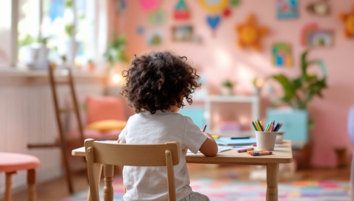 Un enfant assis à une table, entouré de jouets colorés dans une pièce lumineuse et joyeuse.