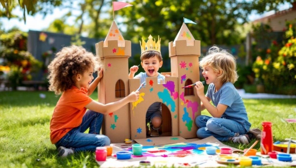 Trois enfants jouent joyeusement avec un château en carton, imaginant des aventures dans leur royaume fictif.