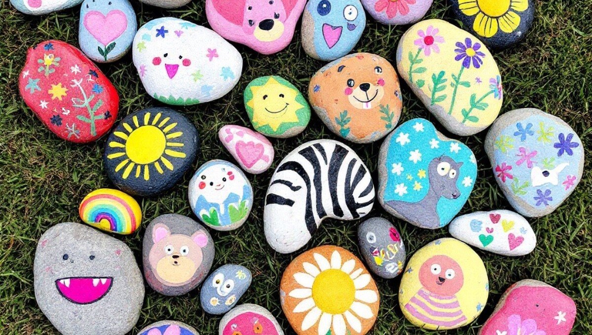 Un groupe de pierres peintes aux designs variés, colorées et artistiques, disposées sur une surface naturelle.